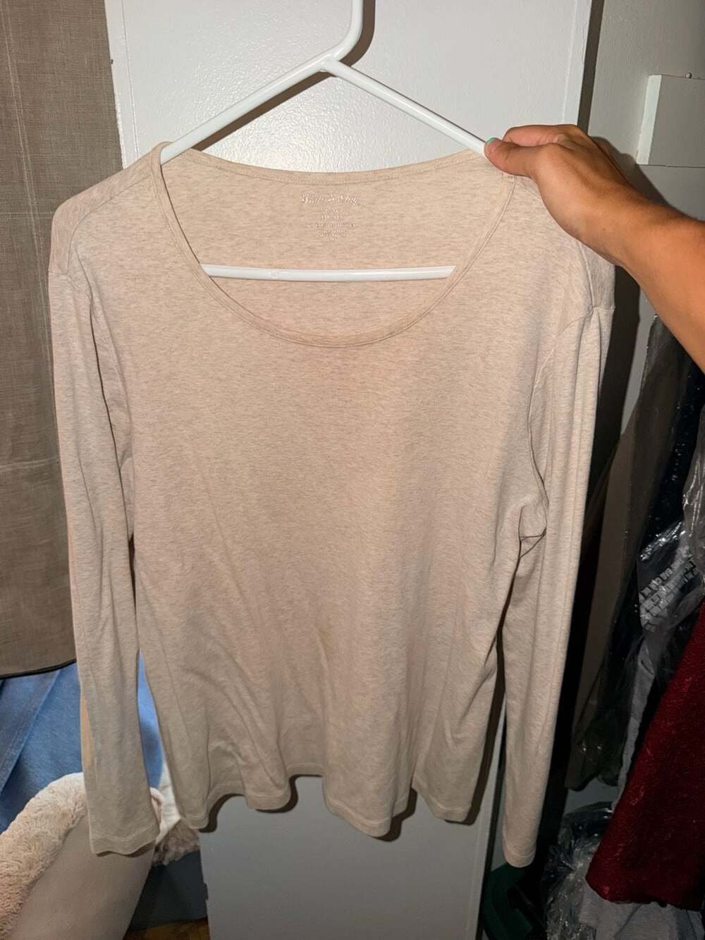 White & Warren Long Sleeve Scoop Neck Shirt Size XL Beige Cotton